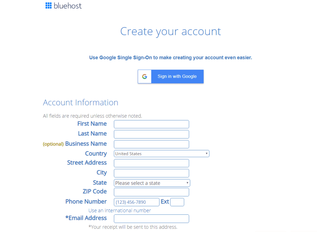 create account with  bluehost by filling out information