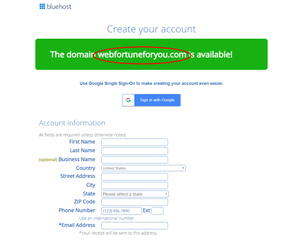 Account creation with bluehost