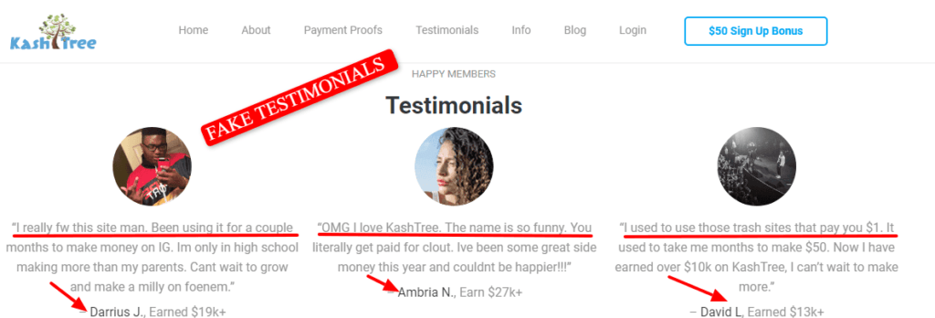 Is kash tree a scam? This image show that they use fake testimonials to seduce people