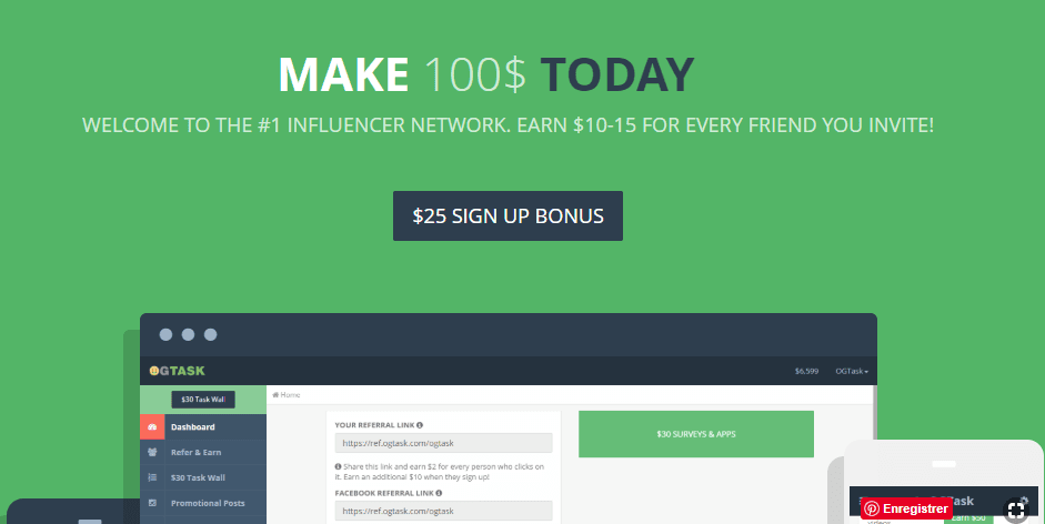 OGtask review: Their home page that claim people can make $100 a day.