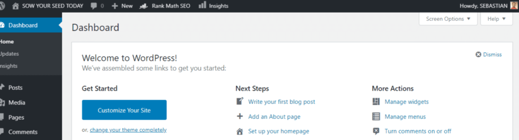Wordpress account : user dashboard