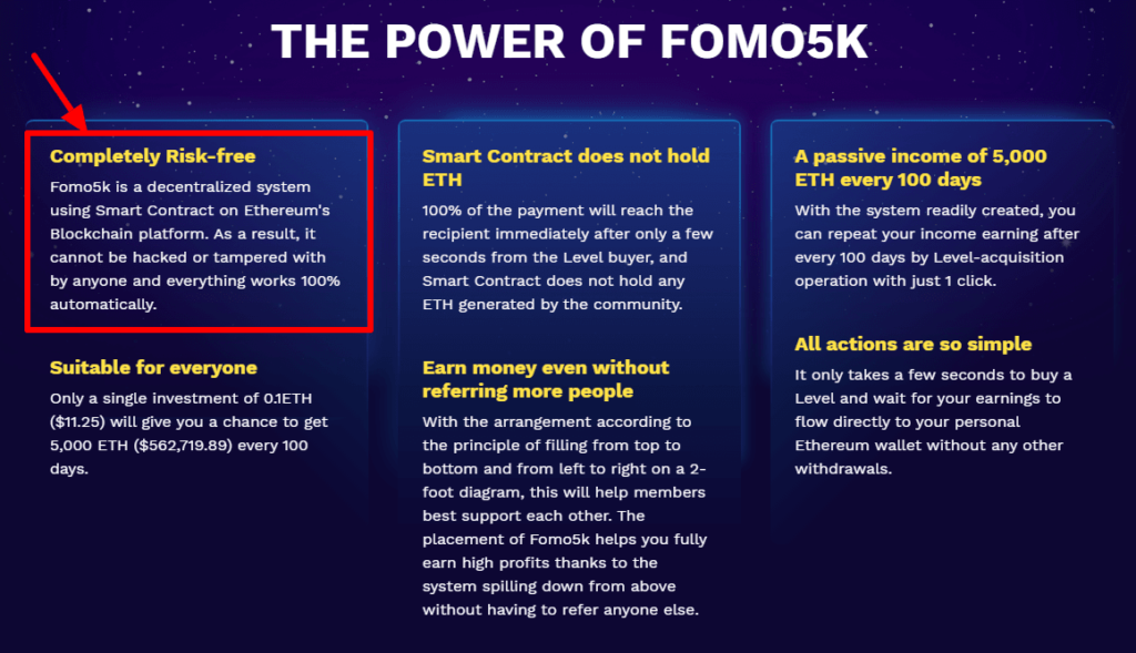 FOMO5K review: Home page claim it is a risk free investment site