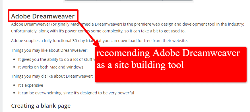Affolrama recommending Adobe Dreamweaver as a site building tool