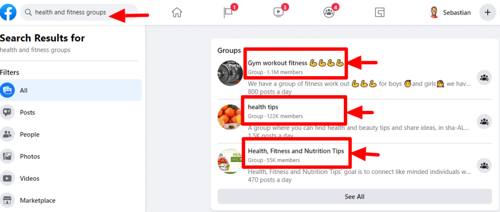 Facebook groups search results