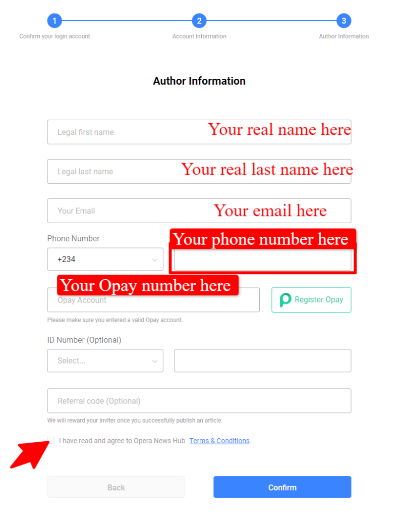 Set up your Opera News hub account by providing your details