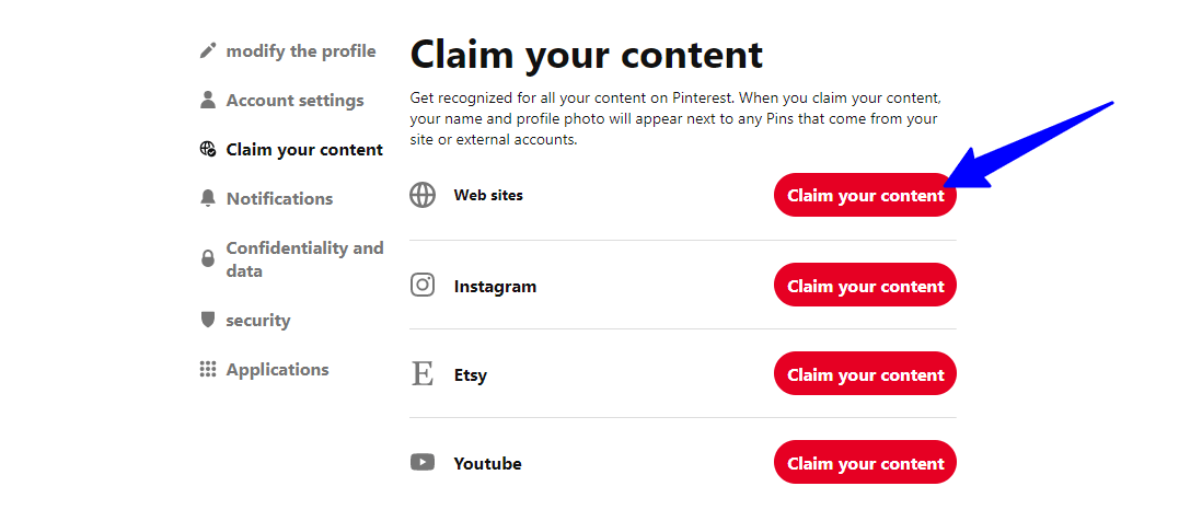 Pinterest account with Website claim button