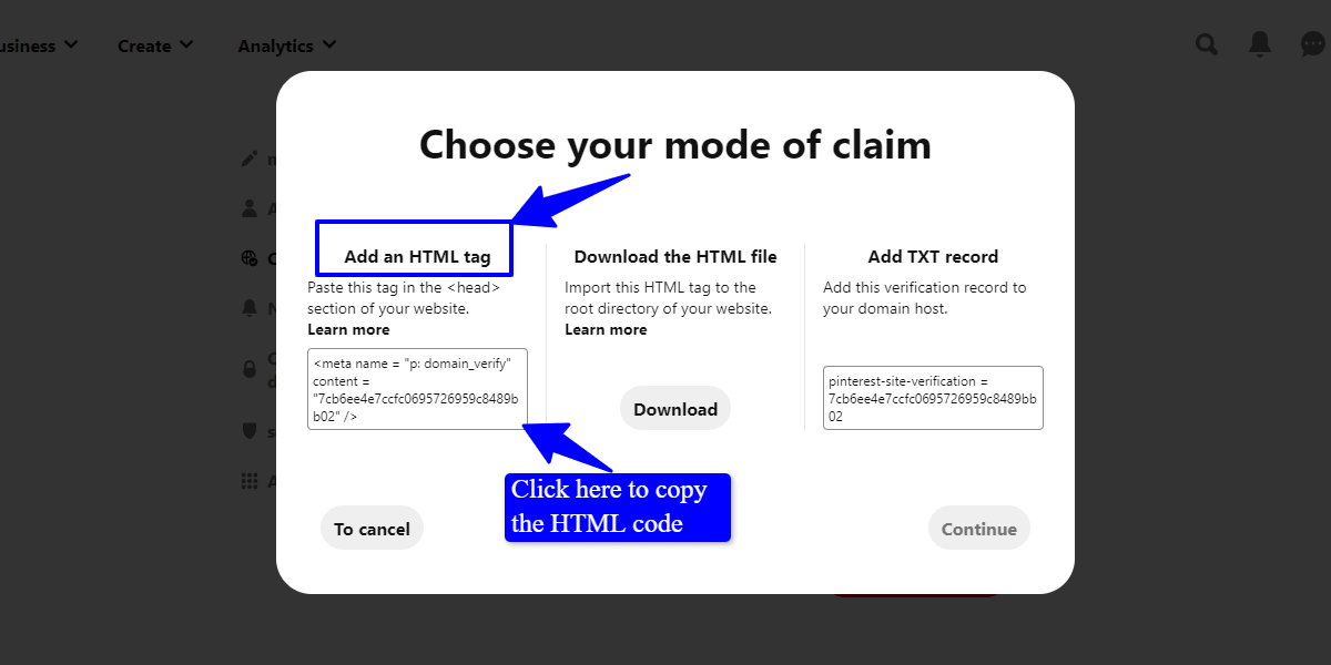 Pinterest HMTL code to add to site header