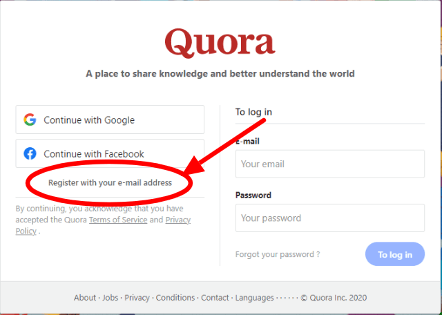 Quora sign up page