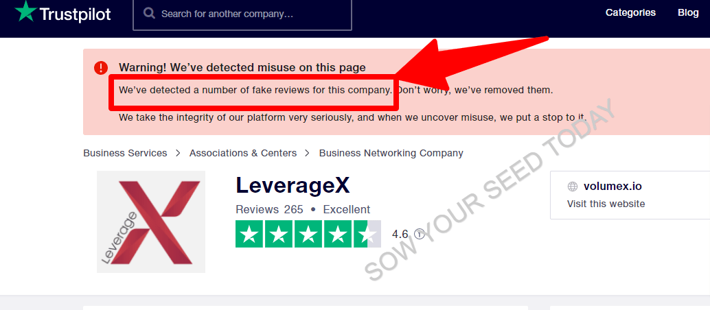 Leveragex review on Trustpilot - warning message