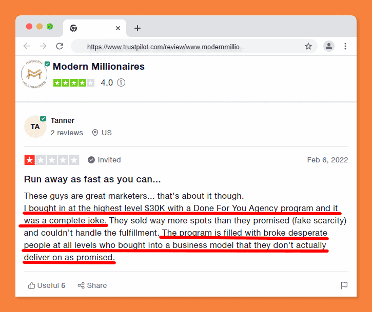 Modern Millionaires review - customer complaints